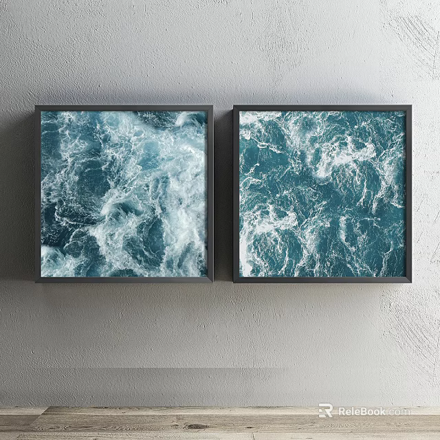 Two Framed Blue Ocean Wave Artworks Hung On Gray Wall 3d model 