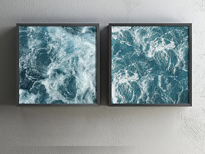 Two Framed Blue Ocean Wave Artworks Hung On Gray Wall 3d model