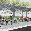 Bicycle and Motorcycle Shelter with Trees Green Grass and Parking Area