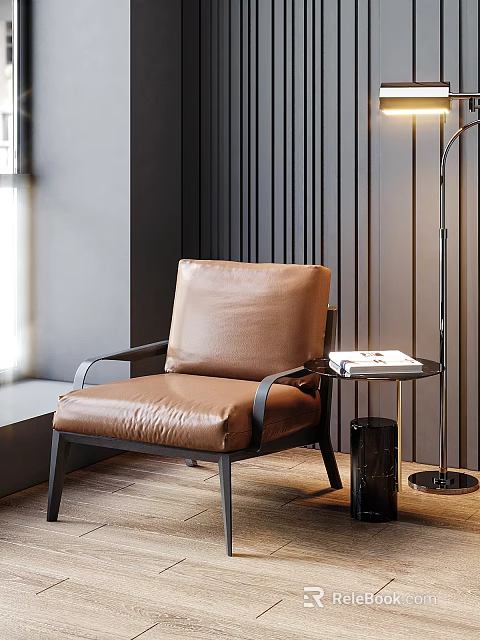 Modern Brown Leather Leisure Sofa Set With Black Metal Frame Side Table And Floor Lamp 3d model 