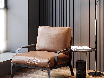 Modern Brown Leather Leisure Sofa Set With Black Metal Frame Side Table And Floor Lamp 3d model