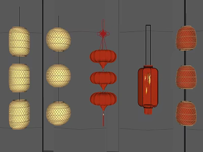 Traditional Bamboo And Red Hanging Lanterns With Various Designs For Decoration 3d model