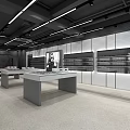 Modern Retail Display Space With Black Cabinets Yellow Green Lighting And Mirror Reflections