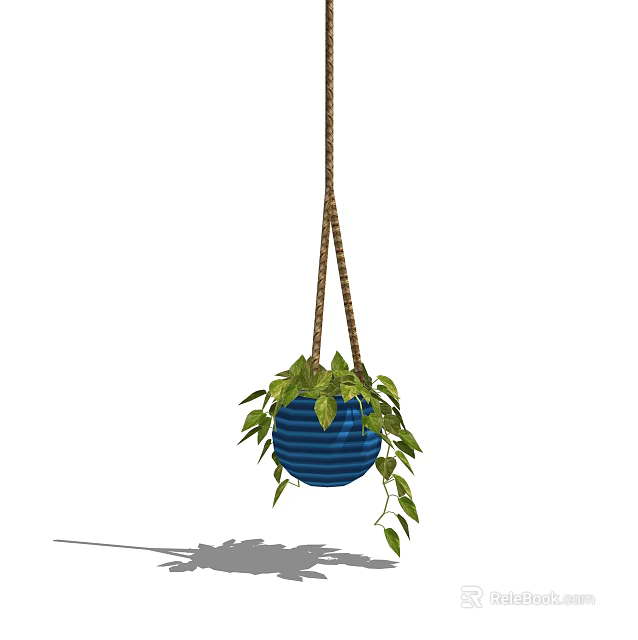 Blue Striped Hanging Planter with Green Leaves and Trailing Vines for Indoor Decor 3d model 