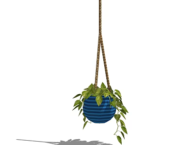 Blue Striped Hanging Planter with Green Leaves and Trailing Vines for Indoor Decor 3d model