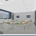 Bright Modern School Classroom With White Blackboard Green Chairs White Tables Windows And Storage Cabinets