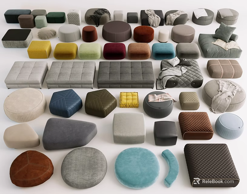 Diverse Ottoman Footstools In Various Colors And Modern Designs For Home Decor 3d model 