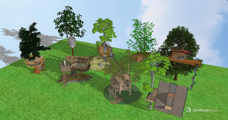 Multiple Wooden Treehouse Villas on Green Grassland With Platforms and Trees 3d model 