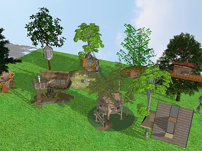 Multiple Wooden Treehouse Villas on Green Grassland With Platforms and Trees 3d model