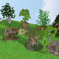 Multiple Wooden Treehouse Villas on Green Grassland With Platforms and Trees