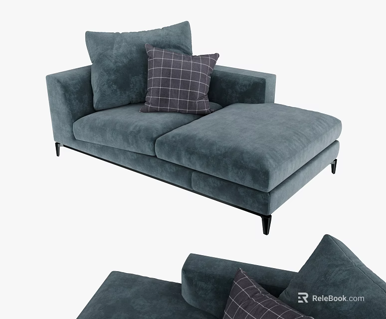 Elegant Modern Teal Chaise Lounge With Soft Cushions Plaid Pillow And Sleek Black Legs 3d model 