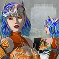 Game Movie Character With Colorful Hair White Horns And Orange Gold Decorated Armor Holding Long Weapon