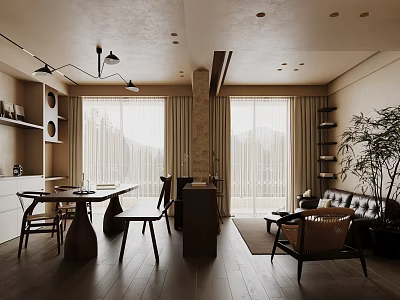 Modern Living And Dining Room Interior With Dining Table Chairs Sofa And Large Windows 3d model
