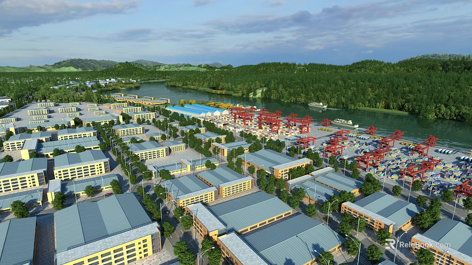 Aerial View Urban Planning With Industrial Buildings River Green Spaces And Cargo Area 3d model 