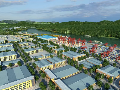 Aerial View Urban Planning With Industrial Buildings River Green Spaces And Cargo Area 3d model