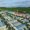 Aerial View Urban Planning With Industrial Buildings River Green Spaces And Cargo Area