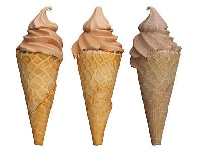 Three Delicious Brown Ice Cream Cones With Different Waffle Cone Textures 3d model