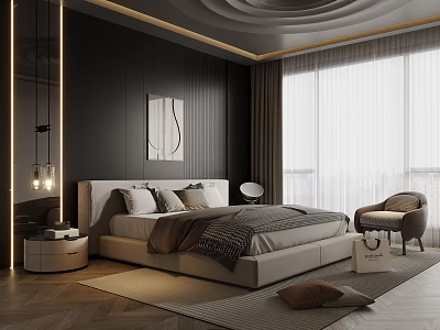 Modern Bedroom Interior Design With Neutral Bed Frame Accent Chair And Wall Art 3d model