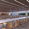 Cafeteria Interior Design With Long Tables Chairs Wooden Ceiling And Large Windows 3d model