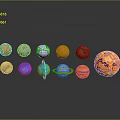 Colorful Planet Models With Various Colors And Textures Arranged On Black Background With Reflections