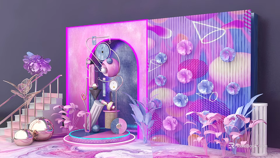 Colorful Decorative Scene With Purple Pink Archway Flowers And Geometric Shapes 3d model 