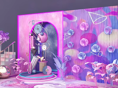 Colorful Decorative Scene With Purple Pink Archway Flowers And Geometric Shapes 3d model