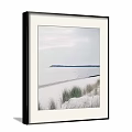 Serene Landscape Painting of Sand Beach Dune Grass Distant Island Calm Sea Under Cloudy Sky
