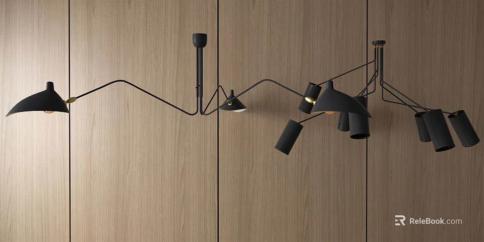 Modern Black Chandelier With Unique Curved Design And Multiple Light Heads On Wooden Wall 3d model 