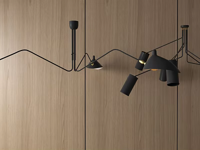Modern Black Chandelier With Unique Curved Design And Multiple Light Heads On Wooden Wall 3d model