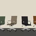Four Office Chairs In Various Colors With Armrests And Wheeled Metal Bases