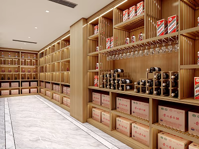 Interior of Modern Wine and Tobacco Shop with Wooden Wine Racks Glasses and Packaged Goods 3d model