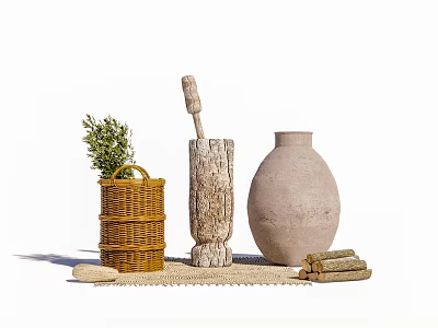 Natural Rustic Decorative Ornament Set With Woven Basket Wooden Decor Ceramic Vase And Green Plant 3d model