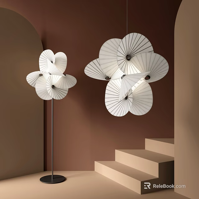 White Flower Shaped Modern Lighting Combination Featuring Pendant And Floor Lamps In Staircase Interior 3d model 