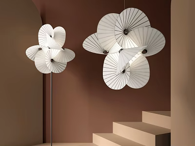 White Flower Shaped Modern Lighting Combination Featuring Pendant And Floor Lamps In Staircase Interior 3d model