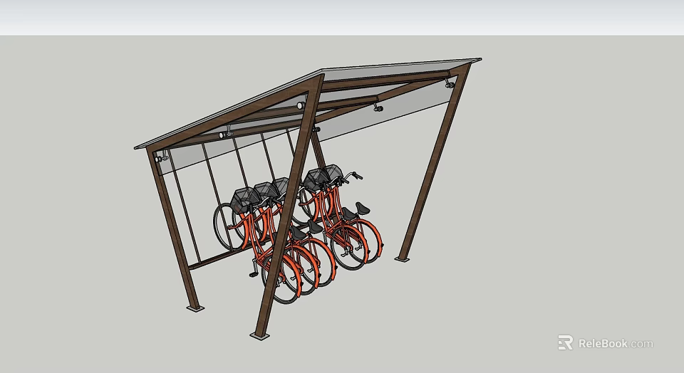 Outdoor Bicycle Rack With Wooden Frame And Transparent Canopy For Parked Red Bicycles 3d model 