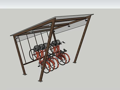Outdoor Bicycle Rack With Wooden Frame And Transparent Canopy For Parked Red Bicycles 3d model