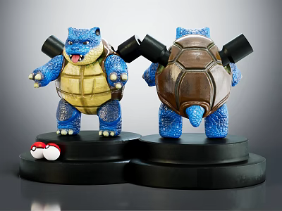 Blue Turtle Figure With Cannon Front And Back Views On Base Red White Eye Pattern 3d model