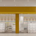 Bright Retail Store Interior With Yellow Signage Pillars And White Shelves Layout