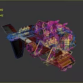 Red And Orange Interstellar Spaceship Design With Architectural Structures And Thrusters