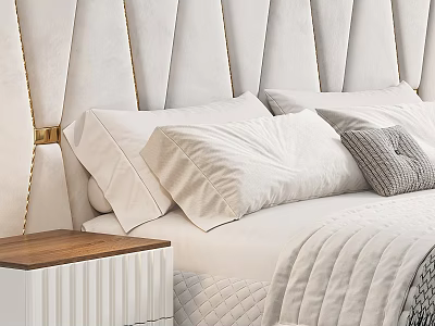Elegant Bedroom Wooden Bedside Table With Soft Headboard White And Gray Pillows 3d model