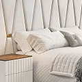 Elegant Bedroom Wooden Bedside Table With Soft Headboard White And Gray Pillows