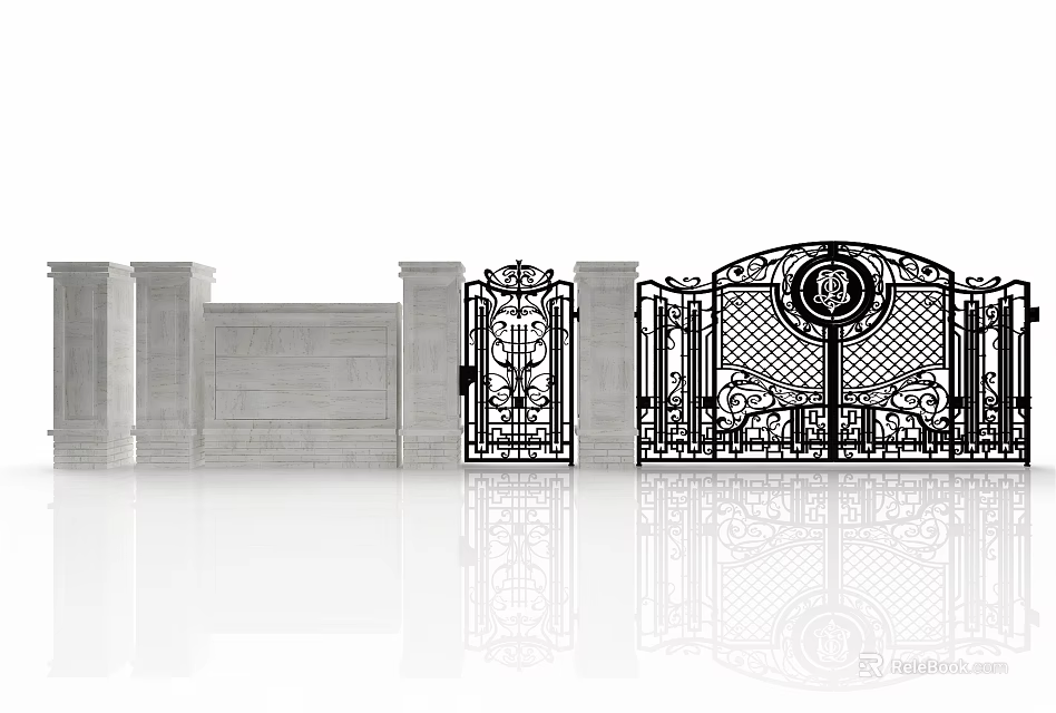 Intricate Wrought Iron Entrance Gate With Stone Pillars And Enclosing Wall 3d model 