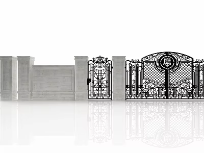 Intricate Wrought Iron Entrance Gate With Stone Pillars And Enclosing Wall 3d model