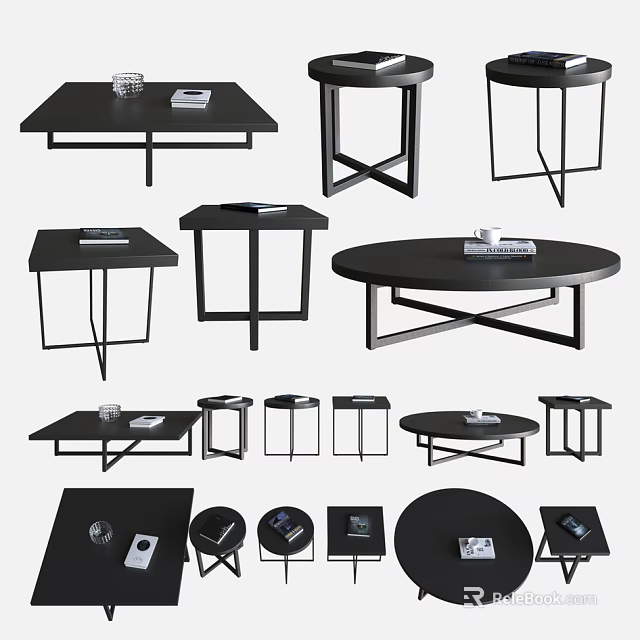 Modern Coffee Tables Collection With Square Round Shapes Metal Frames And Tabletop Books Cups 3d model 