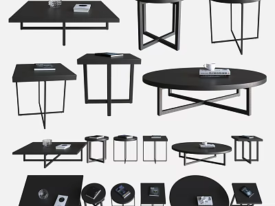 Modern Coffee Tables Collection With Square Round Shapes Metal Frames And Tabletop Books Cups 3d model