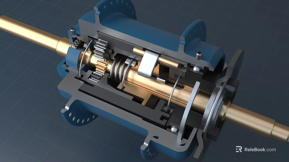 Industrial Equipment Cutaway View With Metal Shaft Gears Spring And Blue Casing 3d model 