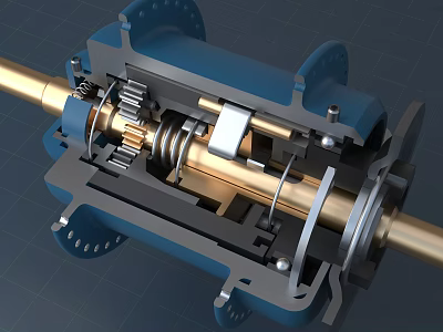 Industrial Equipment Cutaway View With Metal Shaft Gears Spring And Blue Casing 3d model