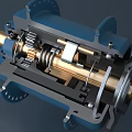 Industrial Equipment Cutaway View With Metal Shaft Gears Spring And Blue Casing