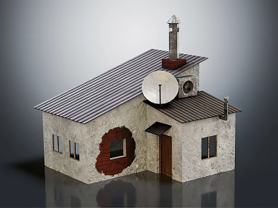 Small House Model With Metal Roof Satellite Dish Chimney And Red Wall Patch 3d model