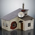 Small House Model With Metal Roof Satellite Dish Chimney And Red Wall Patch